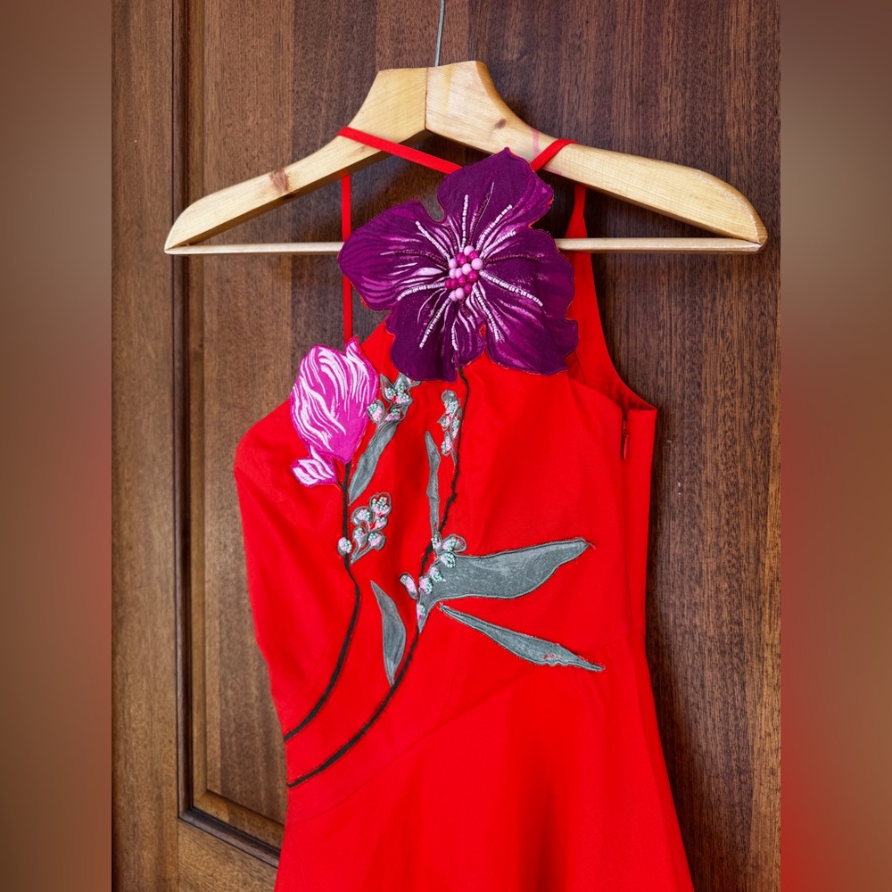 Anthropologie Asymmetric Red Sexy Floral Cocktail Party Dress Resort Wear 2 - Picture 11 of 14